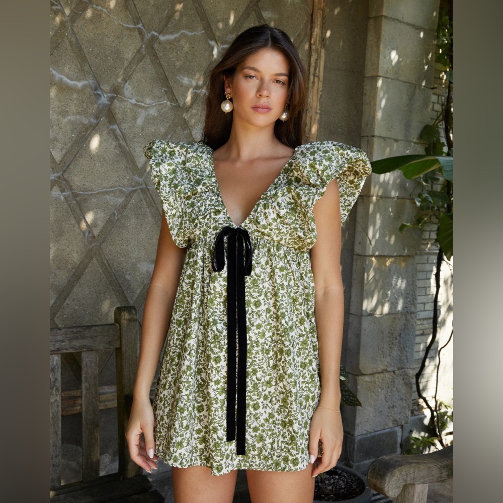 Floral Ruffle Mini Dress with Black Tie